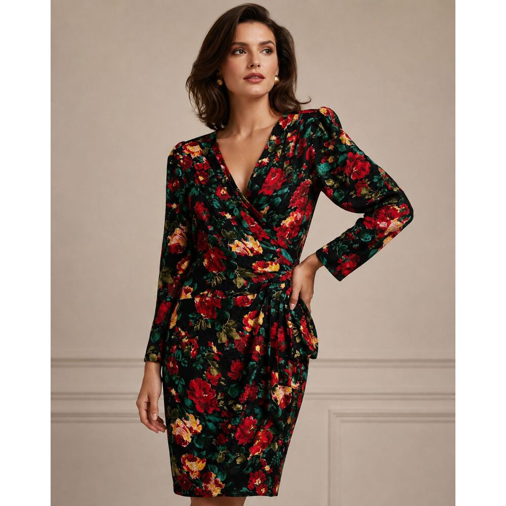 Vintage Gillian 100% Silk Floral Wrap Dress Size 6 Black Red Knee Length
